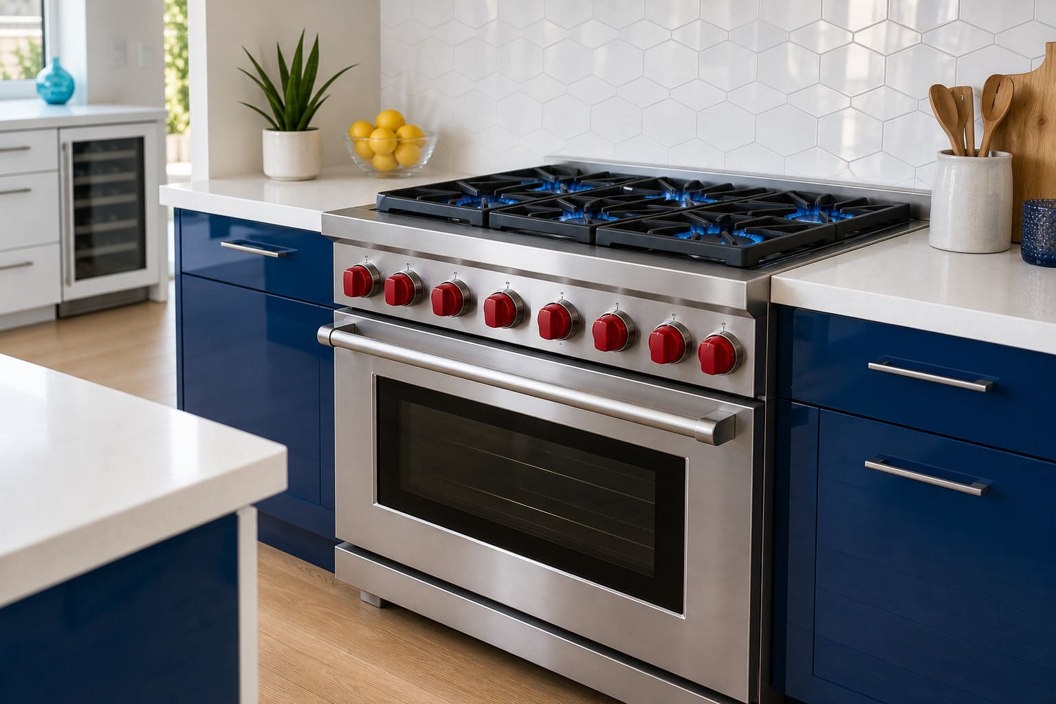 Wolf professional range in a bright Sunnyvale kitchen