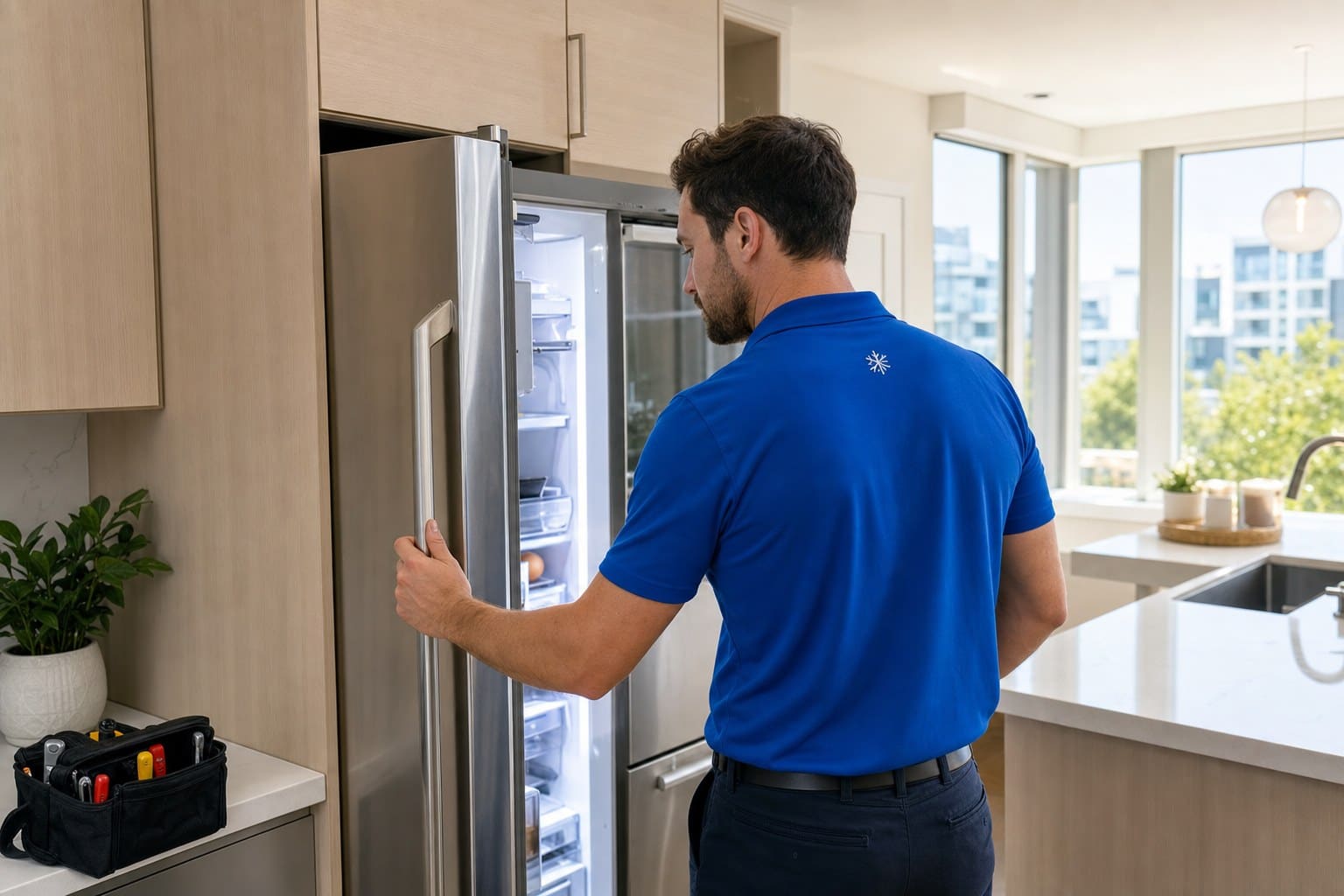 Sub-Zero Sunnyvale technician in a blue polo opening a built-in Sub-Zero refrigerator column in a bright Sunnyvale condo kitchen