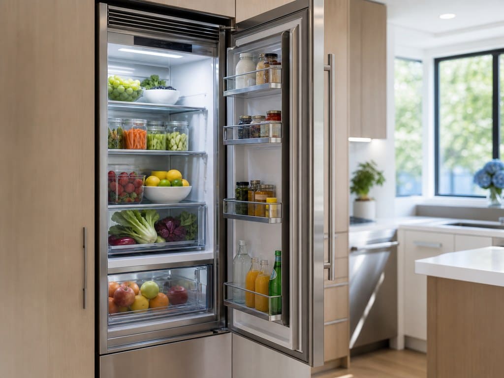 Open built-in Sub-Zero refrigerator column full of fresh food in a bright Sunnyvale kitchen