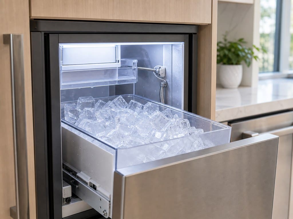 Built-in Sub-Zero clear-ice maker with the bin pulled out and the water supply line visible behind