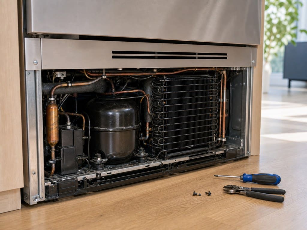 Lower mechanical bay of a built-in Sub-Zero refrigerator showing the compressor and condenser coils