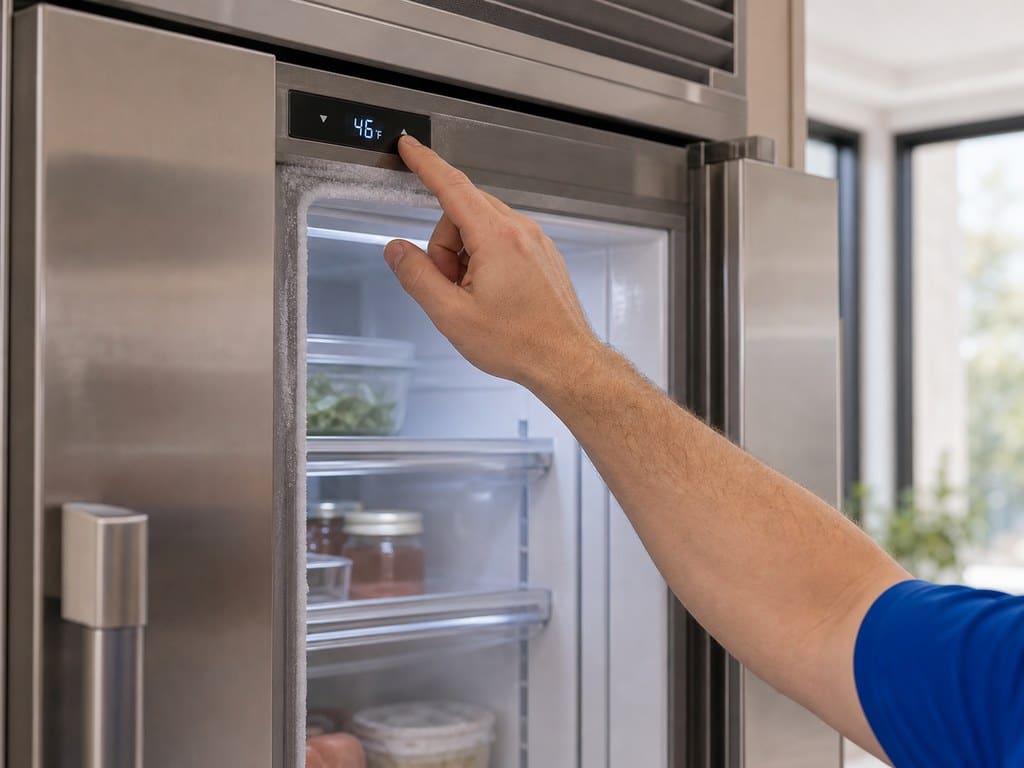 Technician checking the digital temperature display of a built-in Sub-Zero refrigerator reading warm
