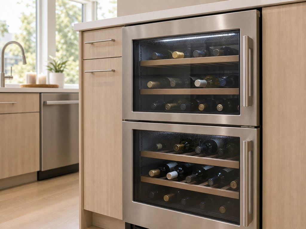 Built-in dual-zone Sub-Zero wine storage unit stocked with bottles in a bright Sunnyvale kitchen