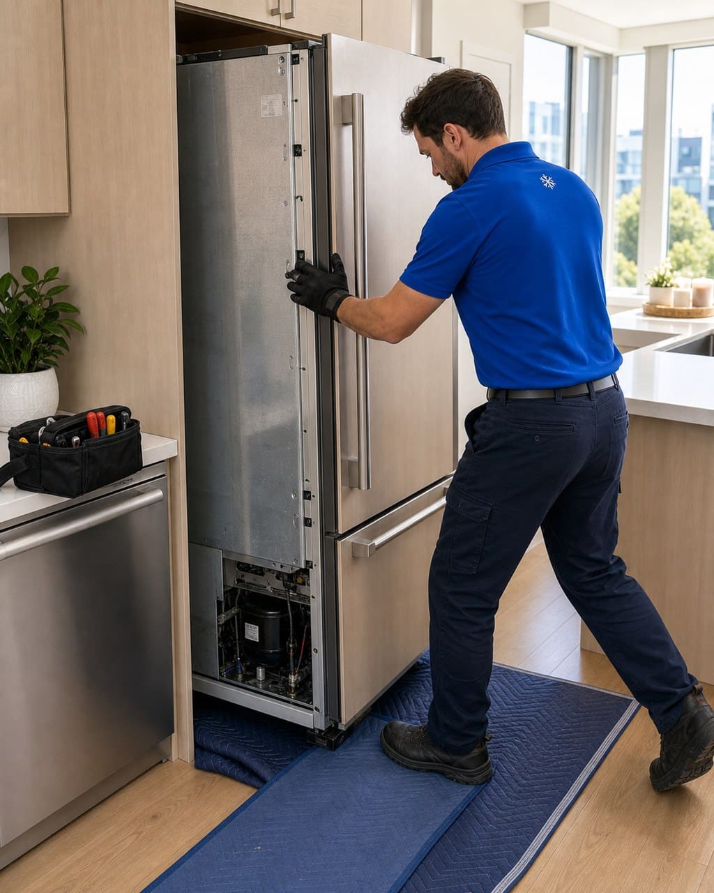 Technician carefully sliding a built-in Sub-Zero refrigerator out of its panel-ready cabinet onto a protective blanket in a Sunnyvale condo