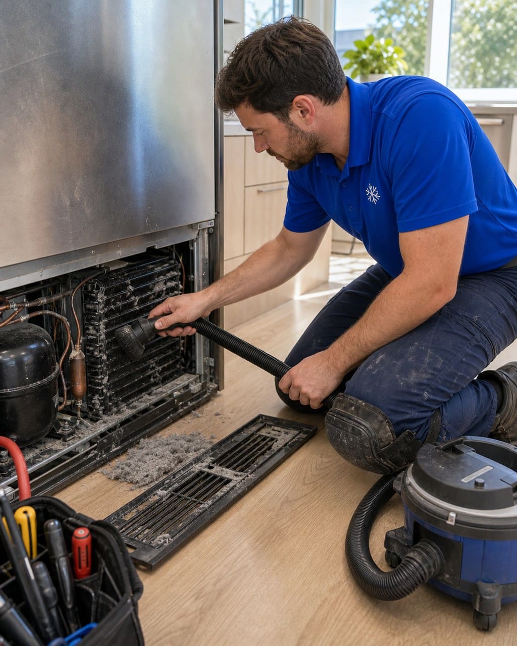 Technician kneeling to vacuum and brush dust off the condenser coils at the base of a built-in Sub-Zero unit in a Sunnyvale kitchen