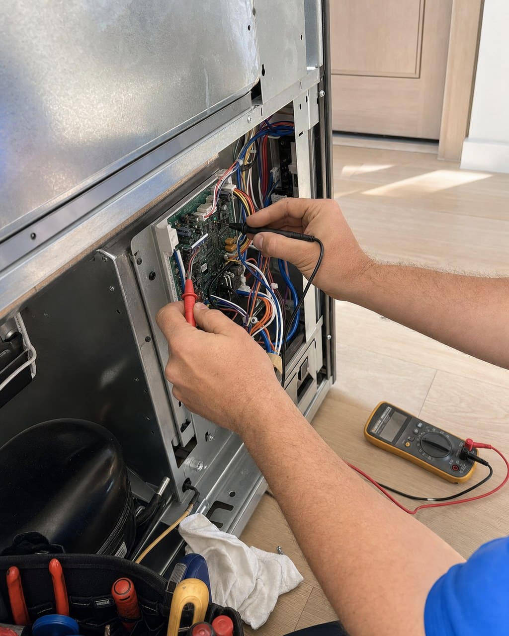 Technician reading a Sub-Zero control board to interpret a stored service code during a Sunnyvale diagnosis