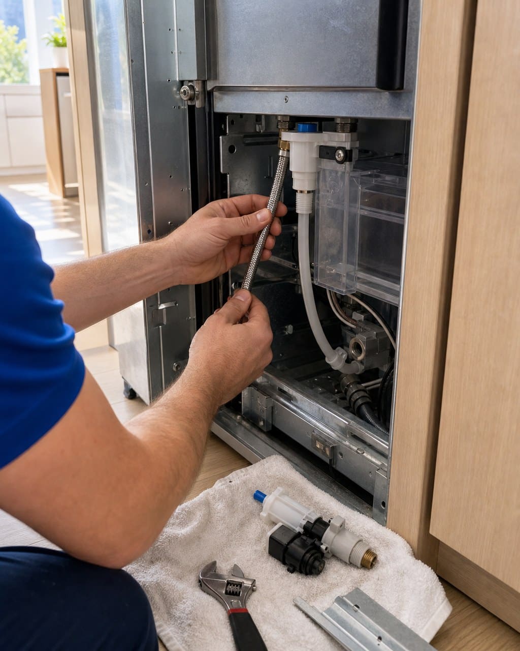 Technician’s hands repairing the water supply line and fill valve behind a built-in Sub-Zero refrigerator in a tight Sunnyvale condo cutout