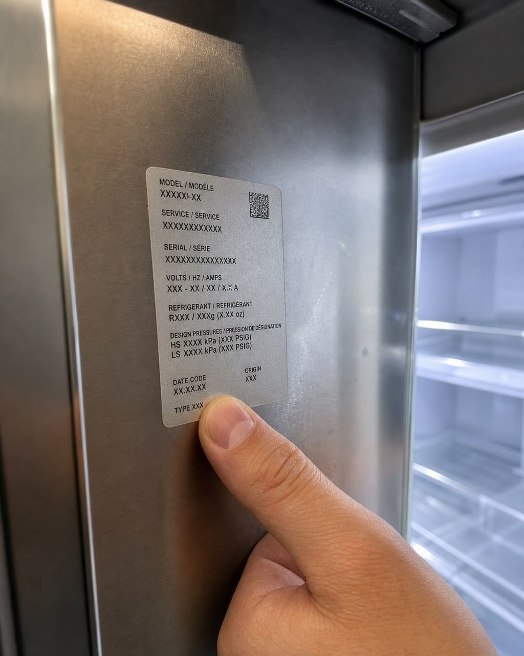 Sub-Zero model and serial number tag inside a built-in refrigerator, used to identify the series for repair in Sunnyvale