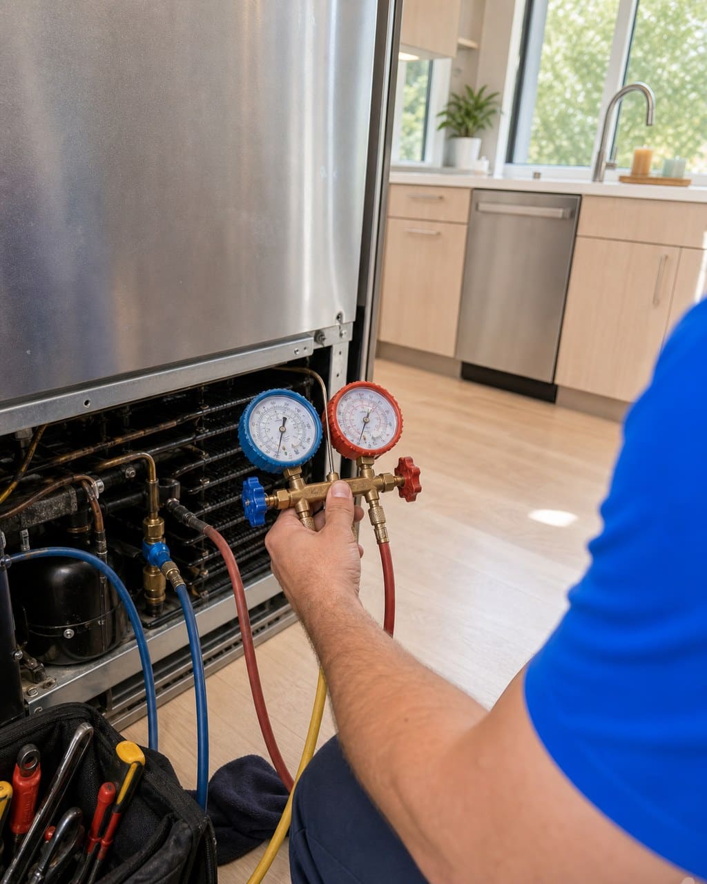 Manifold gauges connected to the sealed system of a built-in Sub-Zero refrigerator during a Sunnyvale diagnosis